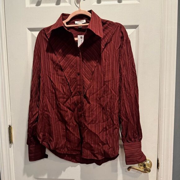 Topshop Burgundy Oversized Striped Shirt in  US size 2 - Picture 2 of 8
